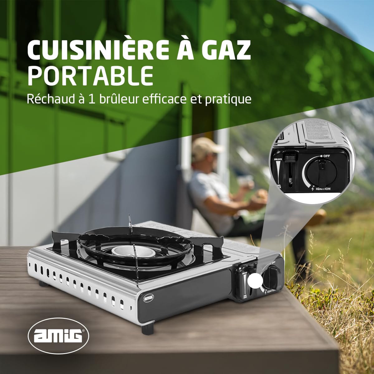 Amig - Réchaud de Camping Portable Camp01, 1 Brûleur 2,2 kW, Acier Inoxydable, Compatible Cartouches B-250, Pour Cuisine Extérieure, Cuisinière Portable, Acier Inoxydable