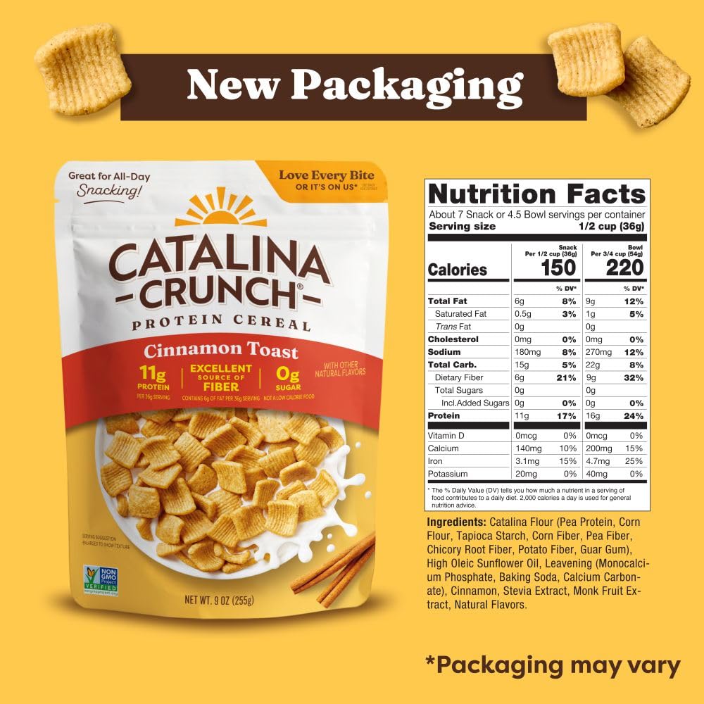 Catalina Crunch Protein Cereal | Sugar Free Breakfast Cereal with 11g of Protein | Gluten Free, Excellent Source of Fiber | Cinnamon Toast - 9 oz. Bag (Pack of 4) (Packaging May Vary)