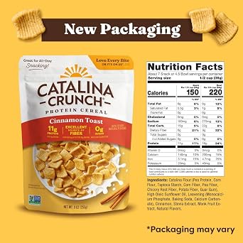 Catalina Crunch Protein Cereal | Sugar Free Breakfast Cereal with 11g of Protein | Gluten Free, Excellent Source of Fiber | Cinnamon Toast - 9 oz. Bag (Pack of 1) (Packaging May Vary)