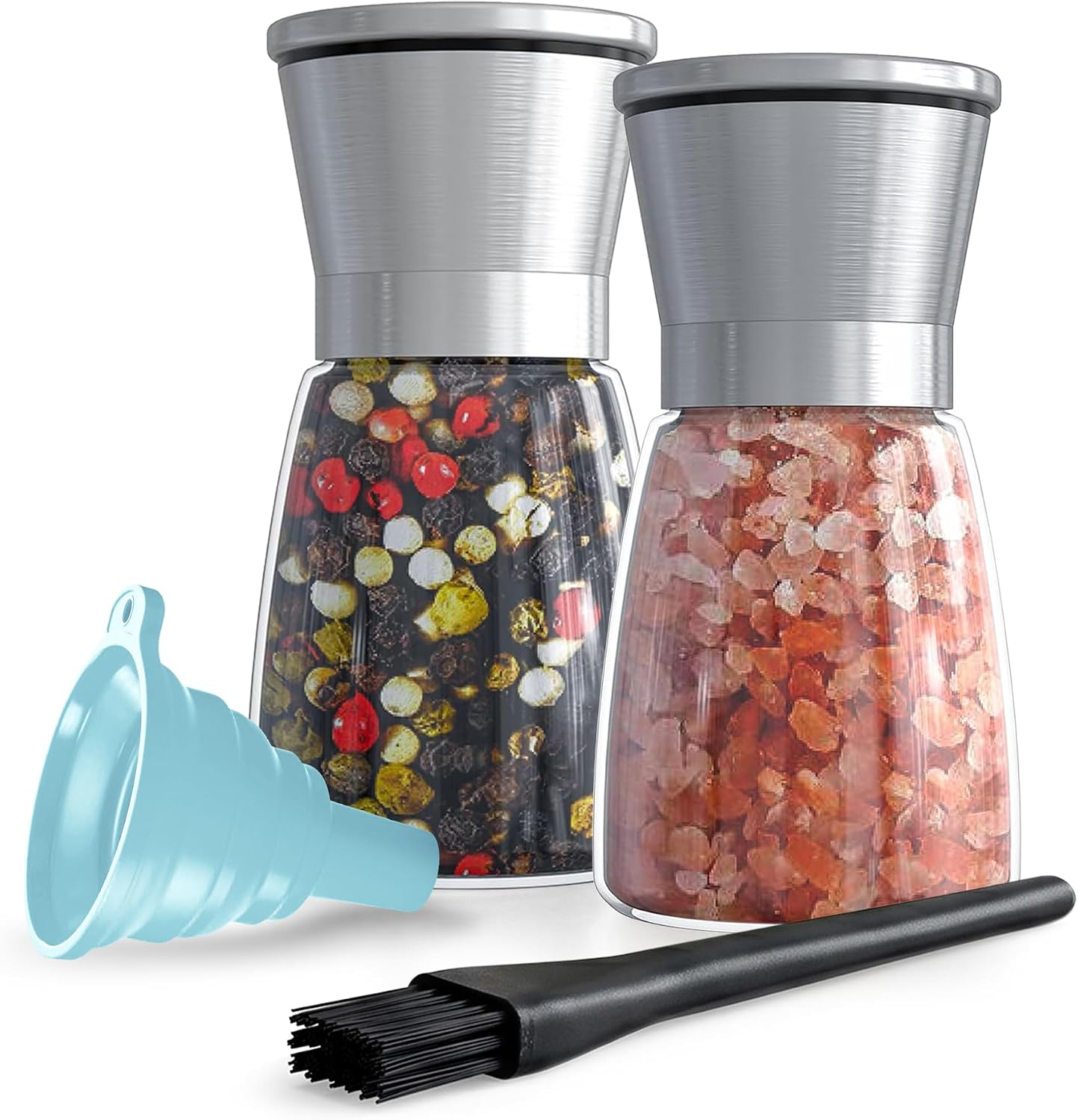 Salt and Pepper Grinder Set of 2 – 6.5 Inch Stainless Steel & Glass Pepper Mills, Adjustable Ceramic, Manual Refillable, with Funnel & Brush | M2OA Kitchen and Home