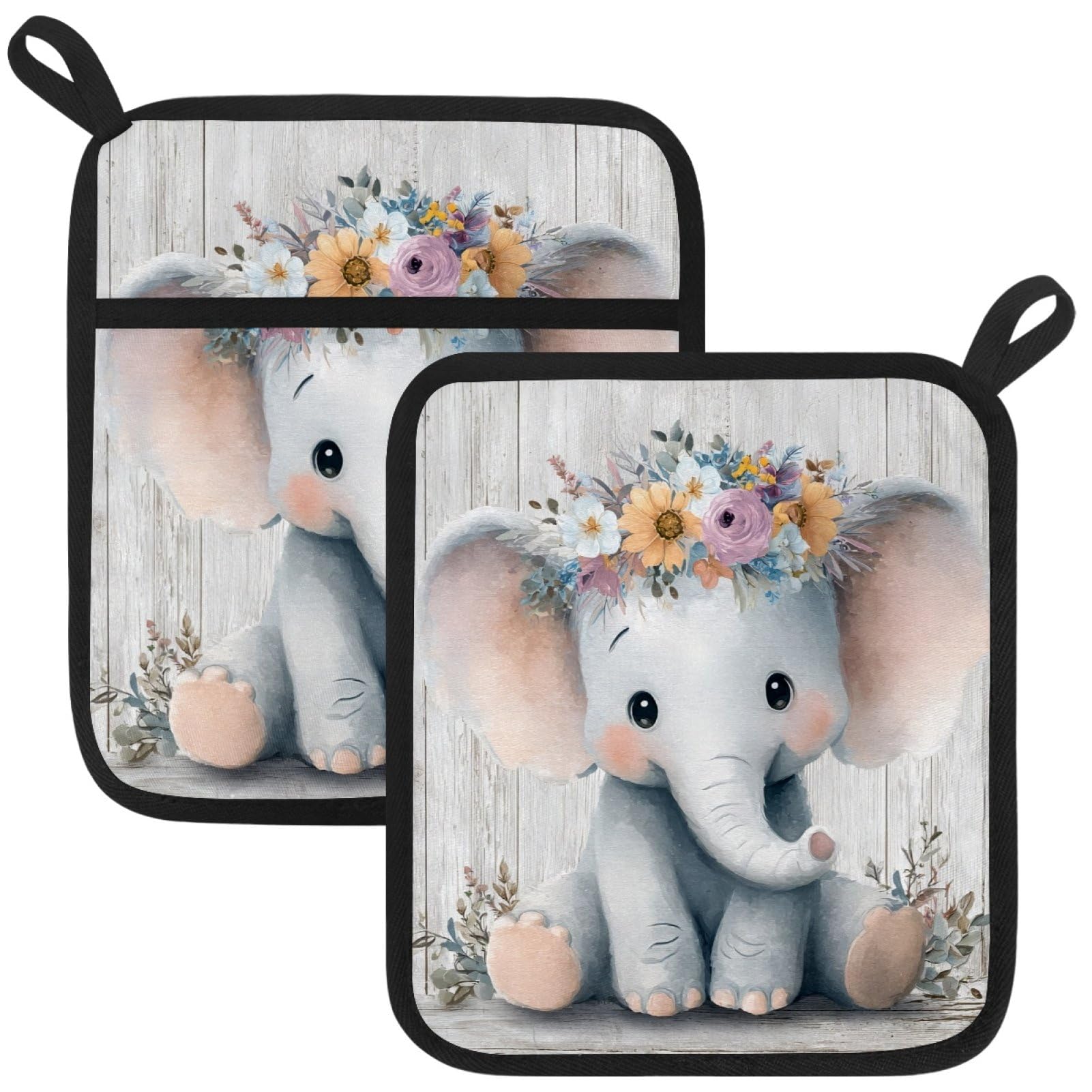 VAPOKF Elephant Flowers Heat Resistant Pot Holders, Thick Pot Holders Pad with Hanging Loop for Kitchen, Oven Cloth Pads for Kitchen Baking Microwave Oven