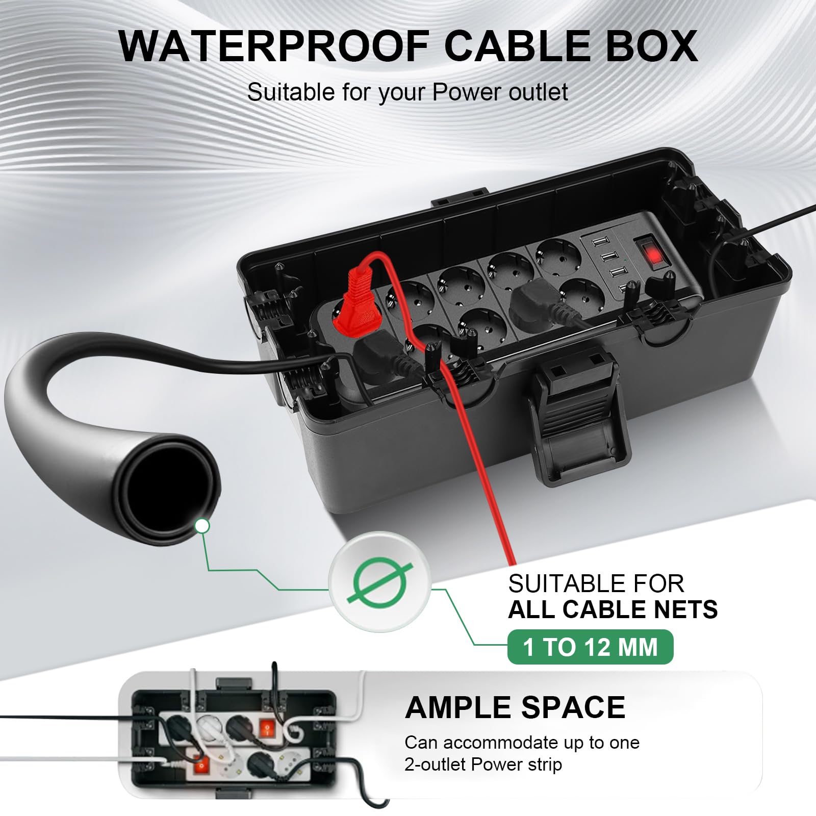 Kabelbox Wasserdicht, IP54 Außensteckdose Wasserdicht Verteilerdose Außen Wasserdicht 6 Kabeleingänge Ausgänge Wetterfeste Verlängerungskabel Abdeckungen Wasserdichte Kabelbox Schwarz 26.1x 15x 9.4cm