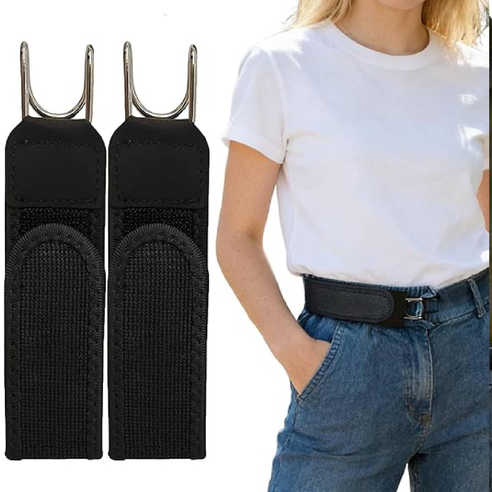 vokkrv 2PCS Metal Hook Tactical Elastic Belt, No Buckle Belts for Men, Buckless Belts for Men Women, Unisex Adjustable Side Belt, Suitable for Work Casual Business Travel Commuting (Black)