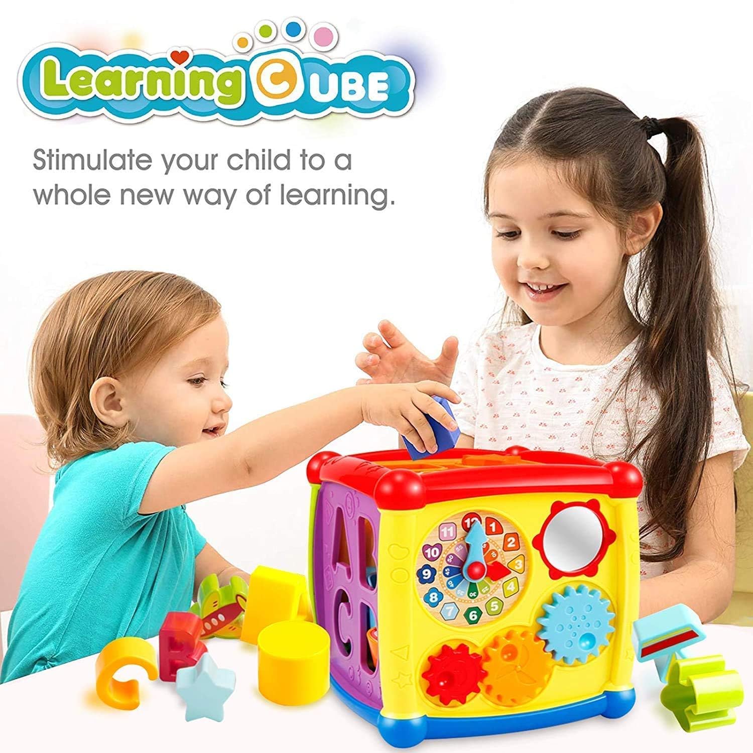 Cojuz 6-in-1 Activity Cube: ABC Letters, Shape Sorter, Vehicle, Clock, Piano, Alphabets-Tree - Educational Toy for Toddlers & Kids - Multi Color 4