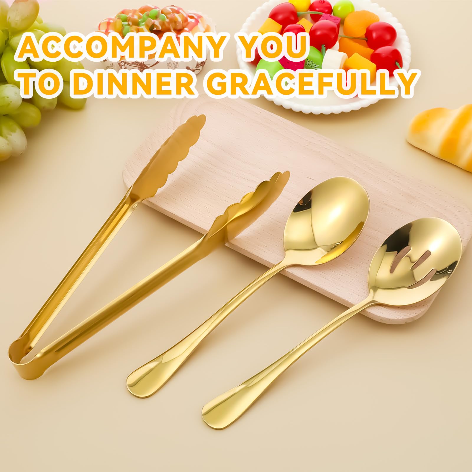 Juego de 12 utensilios de servir de acero inoxidable dorado, cucharas grandes, cucharas ranuradas, pinzas para servir, pinzas para aperitivos, juegos de utensilios para bufé, catering, banquetes y
