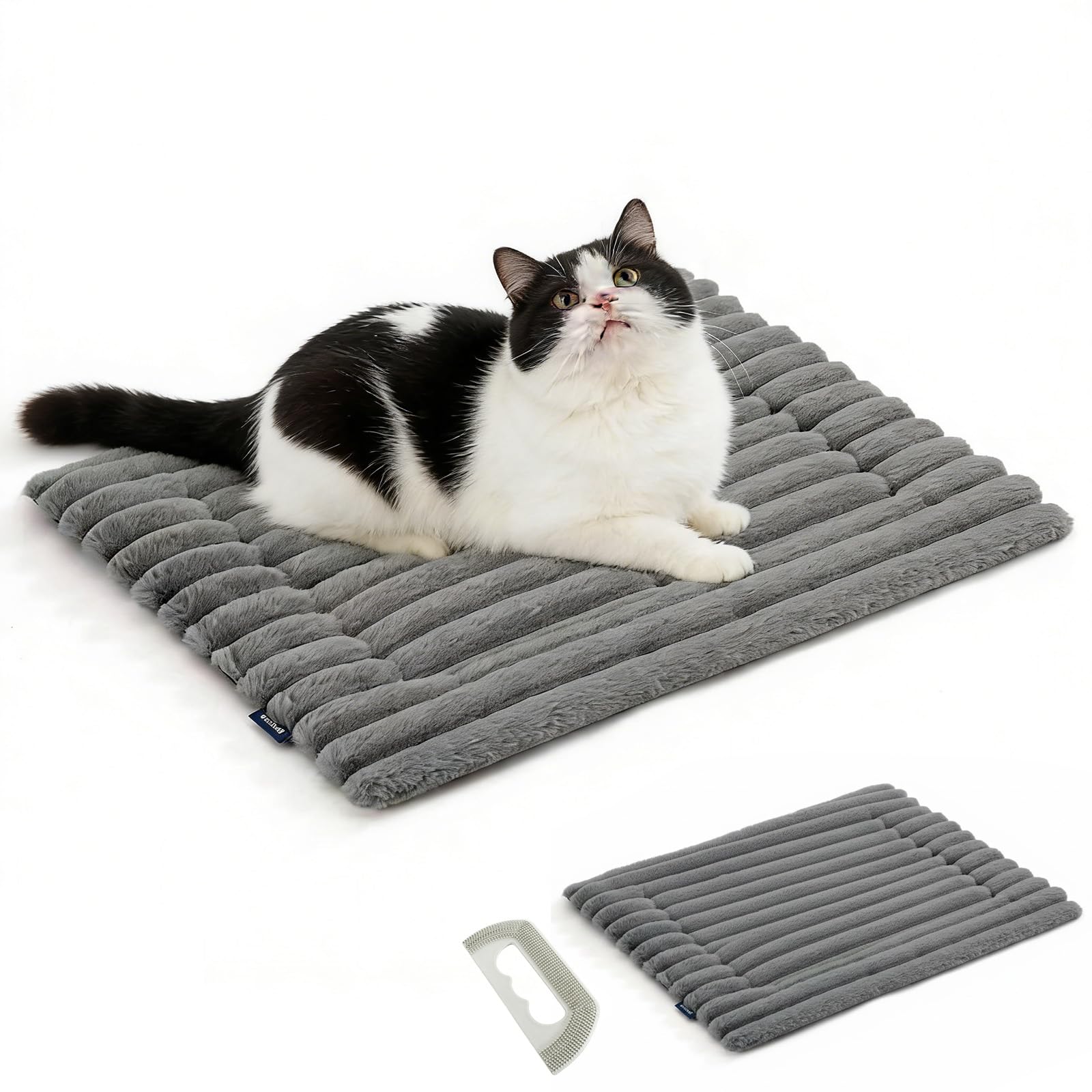 Kaiyzo Self Heating Cat Bed Mat 61x45cm With Silicone Hair Remover Tool, Washable Pet Blanket With Non-Slip Bottom, Electric-Free Warm Mat For Cats And Small Dogs, Rabbit Bed, Grey
