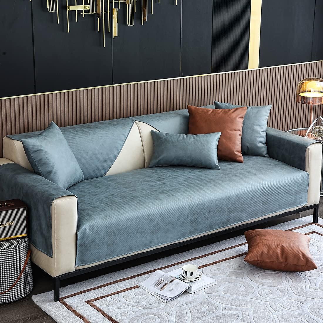 vctops Vintage Leather Look Sofa Cover Water Resistant Non-Slip Sectional Couch Cover Sofa Slipcover for Dogs, Children, Pets Furniture Protector (Blue,43"x63")