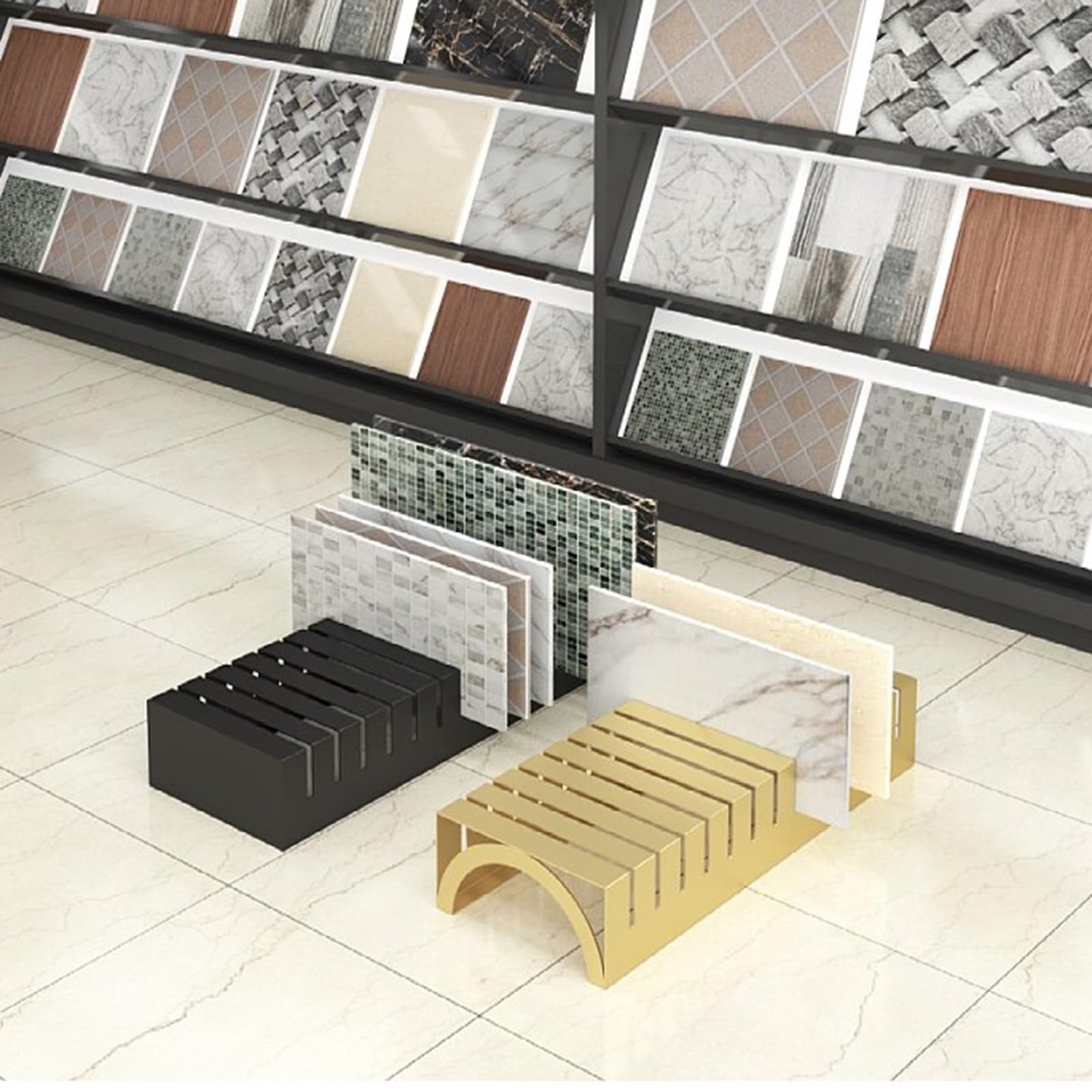 Espositore in Metallo per Piastrelle da Pavimento, Porta Campioni con Fessure e Base Stabile, Ideale per Negozi, Showroom, fiere ed esposizioni (Grigio, Piccolo)