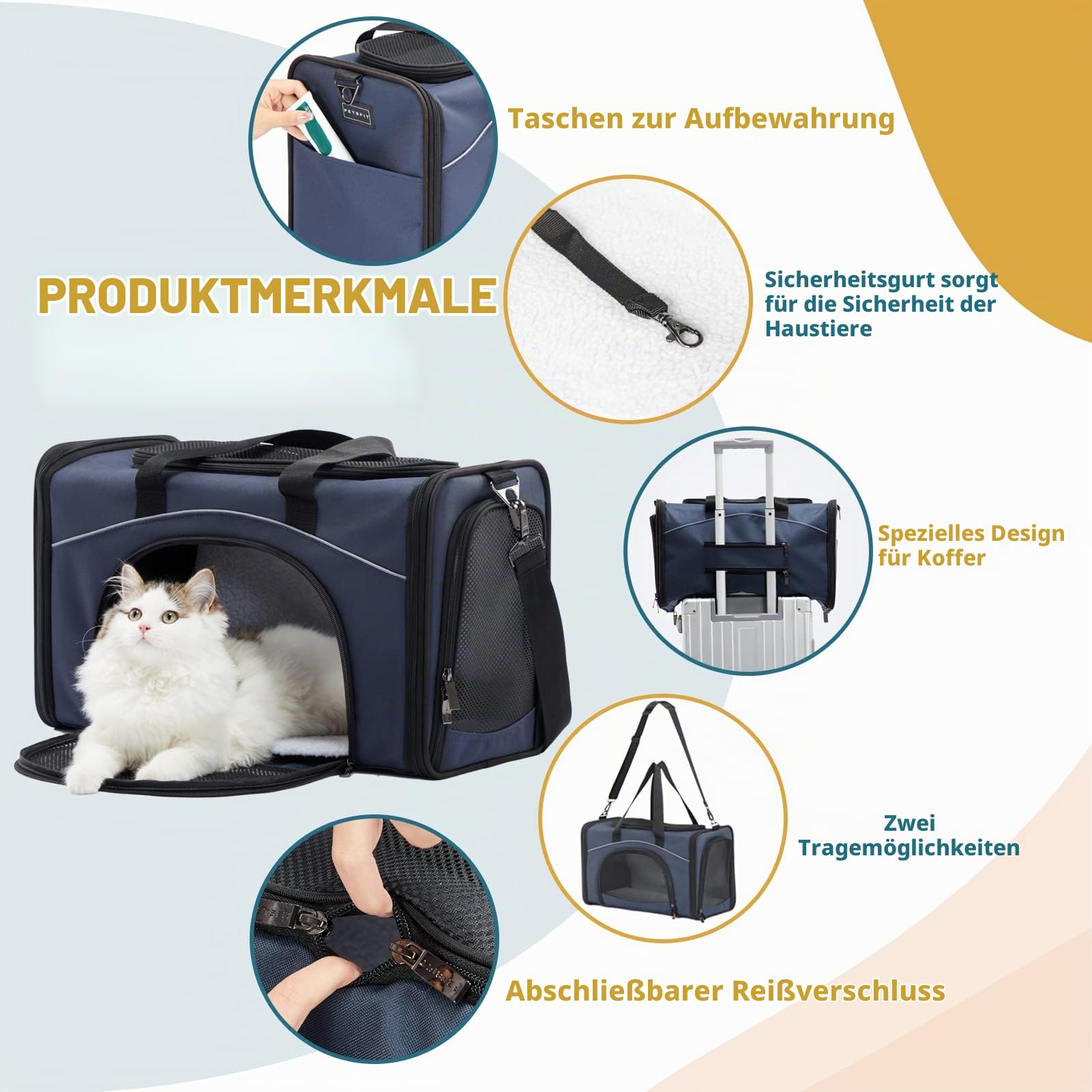 Petsfit Transporttasche Katze & Hundetasche Flugzeug | Flugtasche für Hunde & Transportbox Katze | Flugtaugliche Haustiertasche | Sicherer Transport in Auto, Flugzeug und Bahn, M/Blau