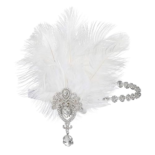 Miniatura 2 de SWEETV Diadema de plumas de los años 20, color marfil, diadema de cristal de plumas de avestruz, accesorios para el cabello de gran Gatsby para