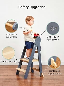 Grownsy Foldable Step Stool Toddler Tower, Toddler Kitchen Stool Helper, Collapsible Kids Standing Tower with 3 Adjustable Heights for Kitchen Bathroom Sink Counter (Blue Gray)