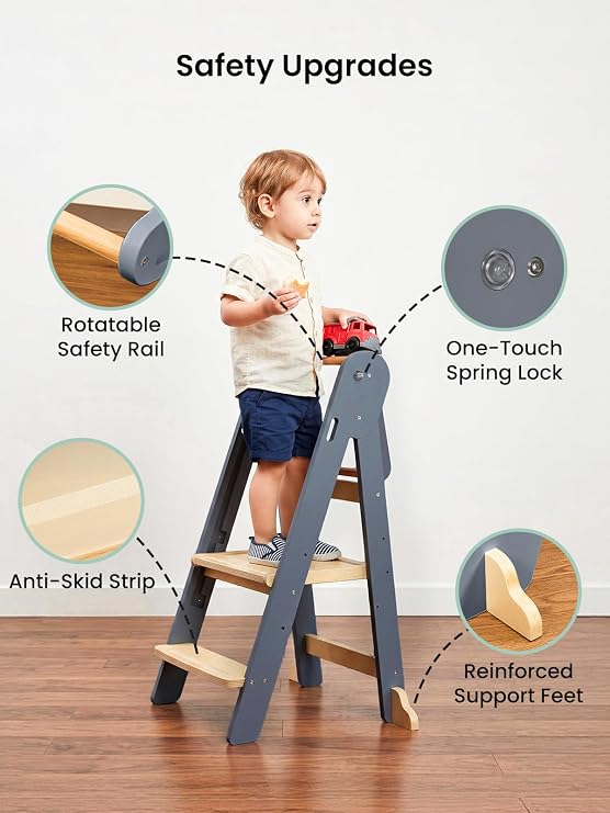 Grownsy Foldable Step Stool Toddler Tower, Toddler Kitchen Stool Helper, Collapsible Kids Standing Tower with 3 Adjustable Heights for Kitchen Bathroom Sink Counter (Blue Gray)