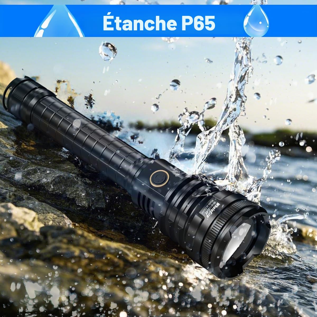 XHP90 Lampe de Poche LED Haute 90000 Lumens USB Rechargeable | Lampes Torches Zoomable avec Indicateur de Batterie pour Intérieur et Extérieur