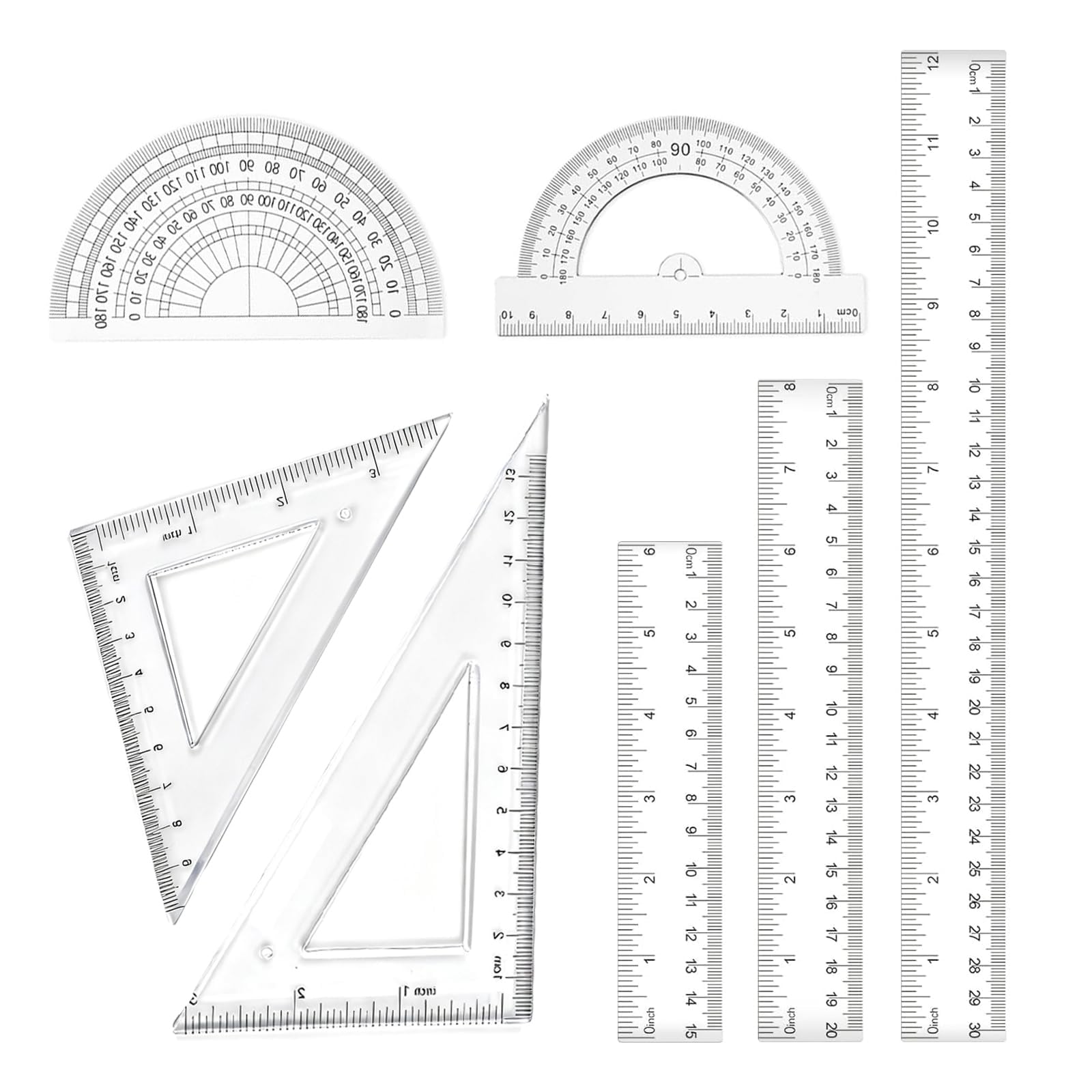 7PCS Ruler Set, Plastic Ruler 30CM 20CM, Transparent Rulers, Protractor, In and Metric,Suitable for School, Office.Can Also Undertake Surveying Work for Engineers and Architects.