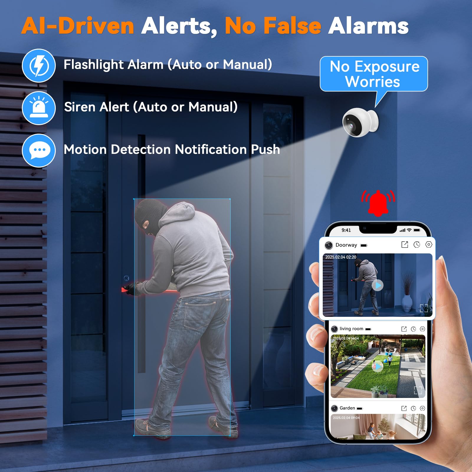 Thybro Telecamera di sicurezza magnetica wireless, video HD 2K, rilevamento del movimento AI, alimentazione a batteria, audio a 2 vie, visione notturna a colori IR, impermeabile, sorveglianza esterna