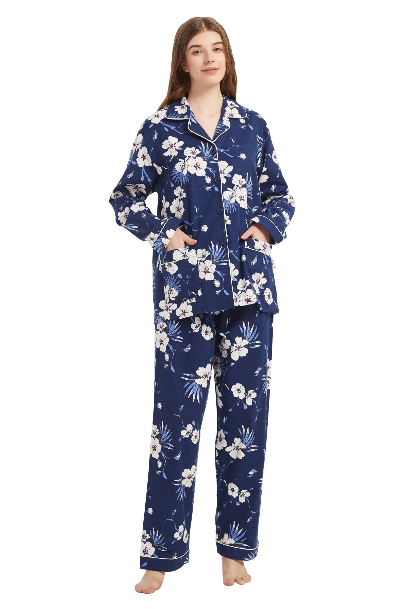 GLOBAL Femme Pyjama Flanelle Manches Long Ensembles de Pyjama Coton Chemises de Nuit Bouton Chaleureux Vêtements de Nuit Confortable