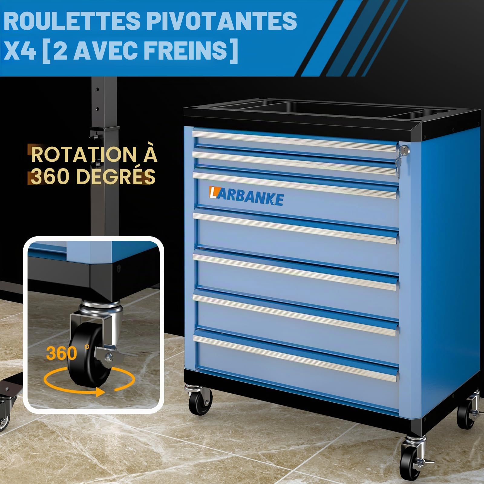 LARBANKE Chariot d'atelier Metallique,7 Tiroirs Armoires à Outils,Verrouillable Chariot,4 Roulette,Tapis antidérapants,avec Tige de Connexion,Peut être relié au Meuble à 5 tiroirs Servante d’Atelier