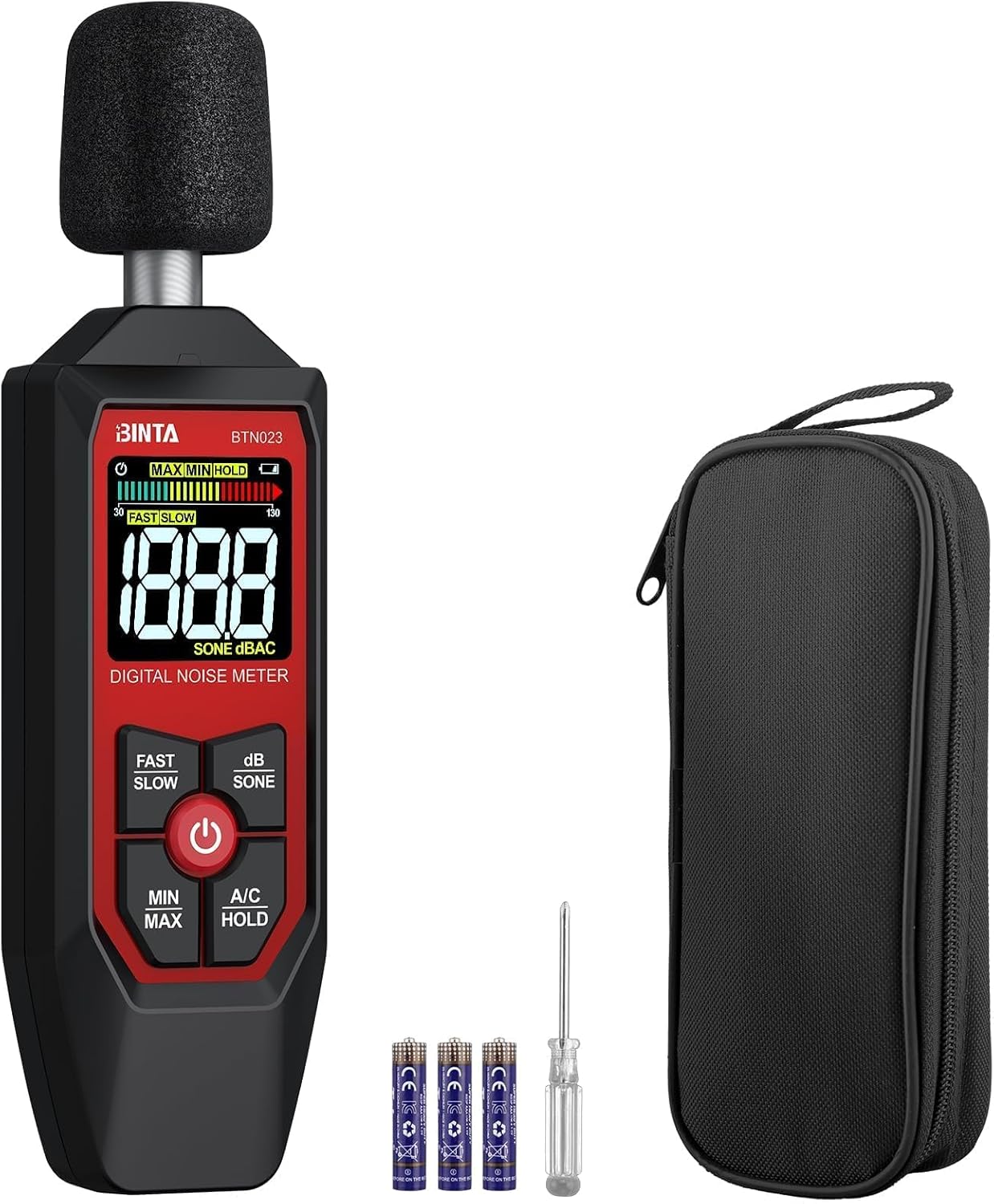 BINTA Decibel Meter, Digital Sound Level Meter with A/C Weighted, Portable SPL Tester 30-130dB Noise Measure with Backlit LCD Display, Max/Min, dB/SONE Unit, Data Hold for Home Office Factory Neighbor