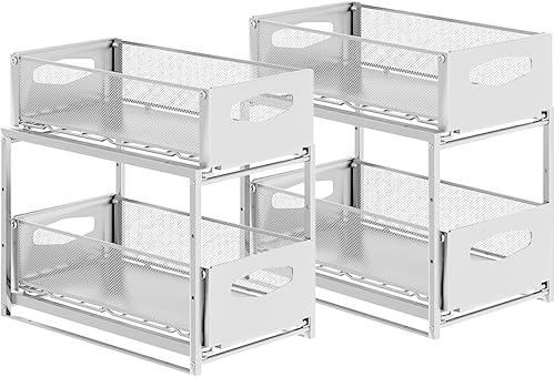 2 Pack Under Sink Pull Out Organizer, Stackable Cabinet Slide Out Storage Rack with Adjustable Sliding Wire Drawer -Home Organizer Gift Guide -