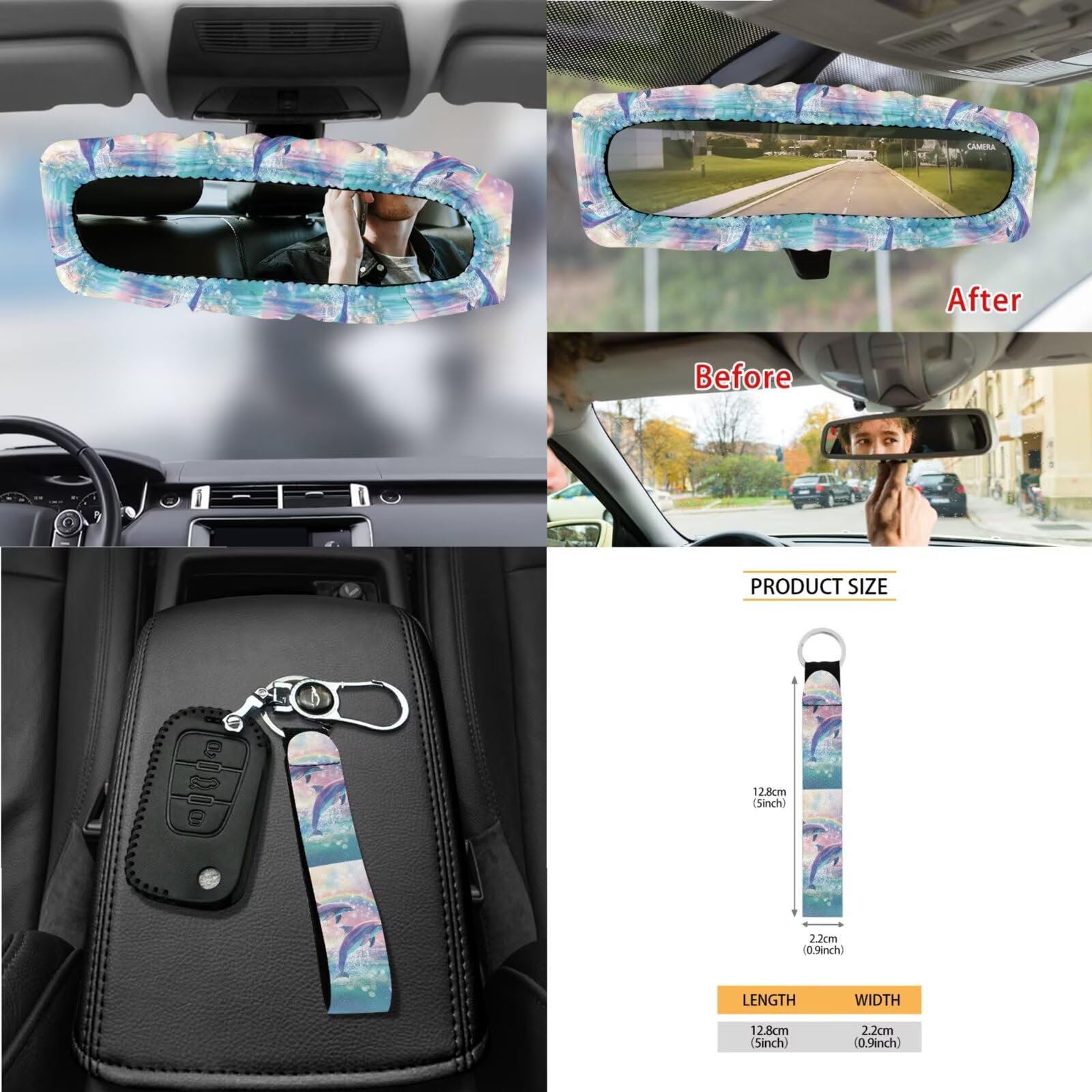 Set di coprisedili e coprivolante per auto con stampa delfino, con cuscinetti per cintura di sicurezza, copertura interna per specchietto retrovisore, borsa per la ventilazione dell'auto