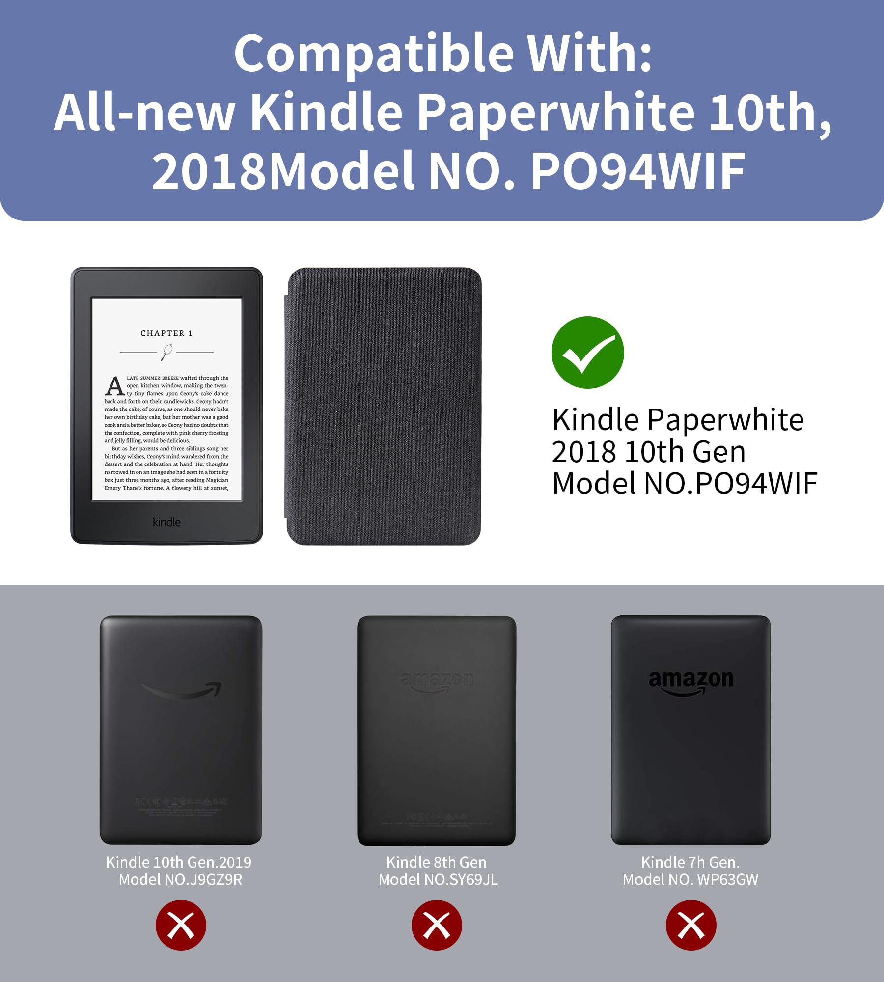 Etui ochronne do Kindle Paperwhite 2018 10th, (numer modelu: PQ94WIF) 6" z paskiem na nadgarstek i funkcją automatycznego uśpienia, czarne