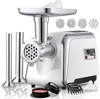 Meat Grinder Heavy Duty, 3000W MAX, 5 in1 Meat Grinder for Home with Stainless Steel Sausage Stuffer Tubes(2 Sizes), Kubbe Maker & Burger/Slider Maker, Storage Box