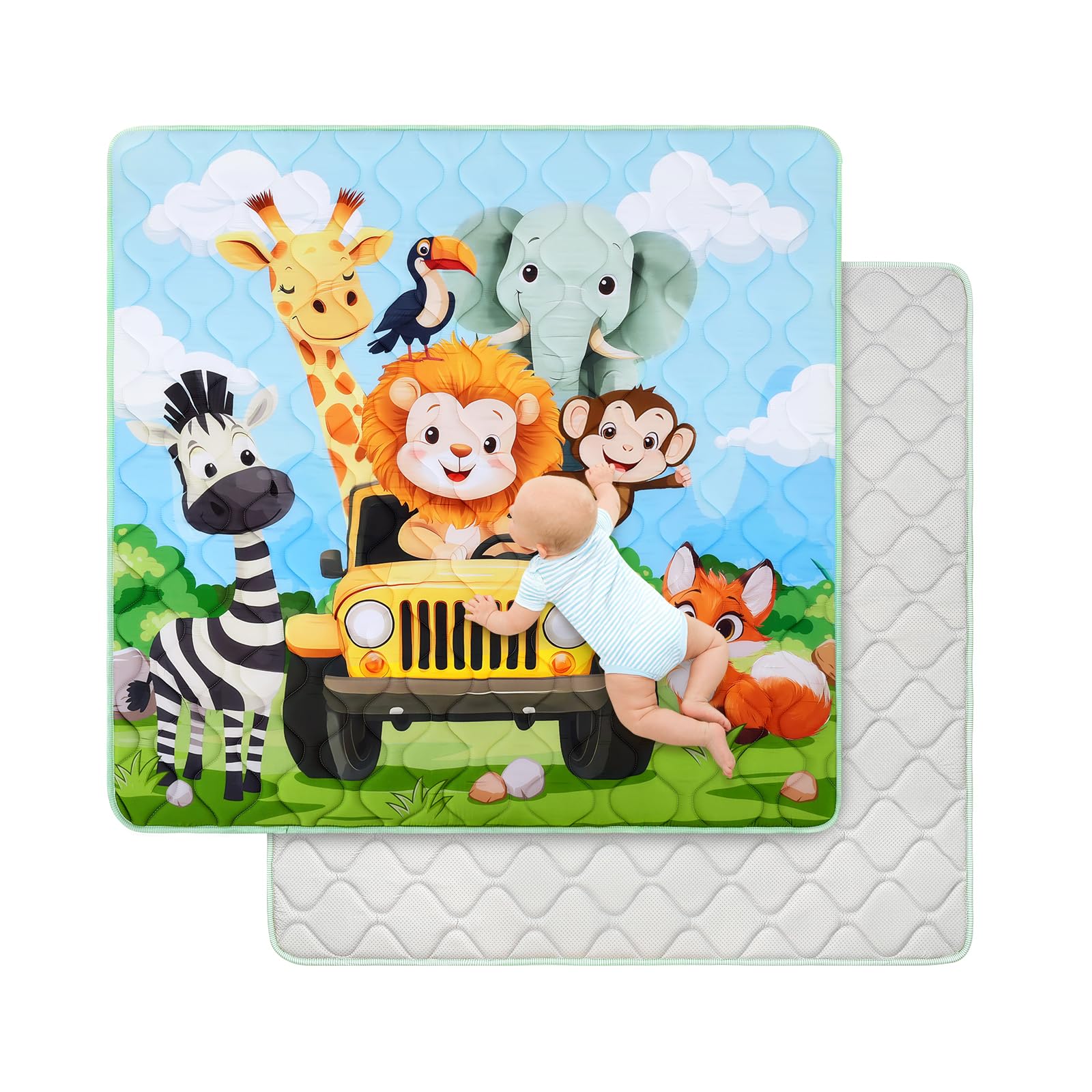 decalsweet Spielmatte 127×127cm mit Rutschfest, Extra Dicke 2cm Weiche Krabbelmatte, Faltbar Krabbeldecke Krabbelteppich für Indoor Outoor Zaun (Grasland Tiere)