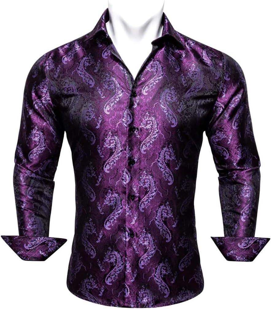 Shirts for Men Paisley Silk Lapel Woven Long Sleeve Designer Fit Business Wedding