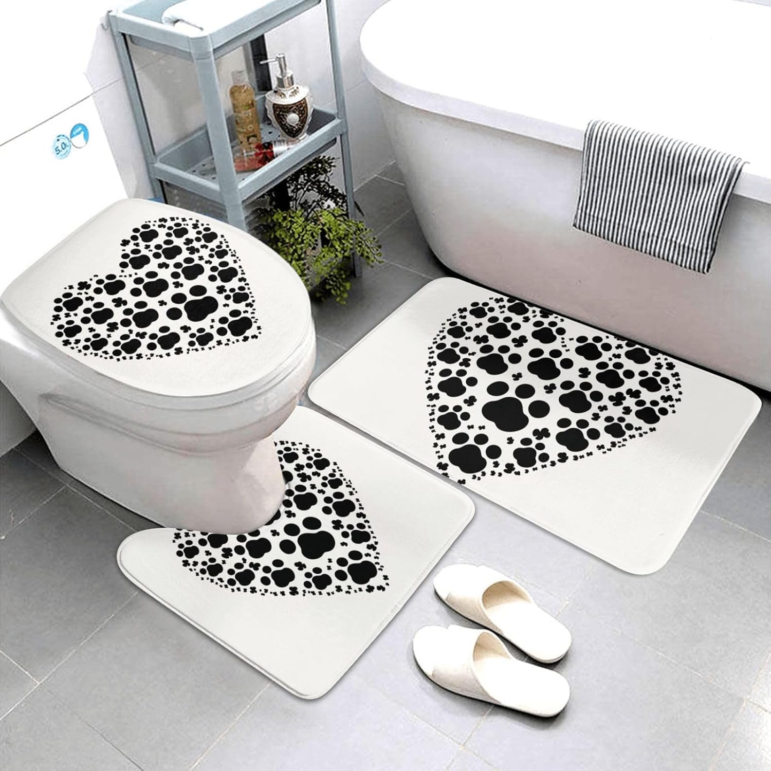 OUSIKA Dog Paw Print Love Heart Print Bathroom Rugs Sets 3 Piece Non Slip Bath Mats U-Shaped Contour Mat and Toilet Lid Cover Soft Microfiber Bath Floor Mats Absorbent Shower Mat