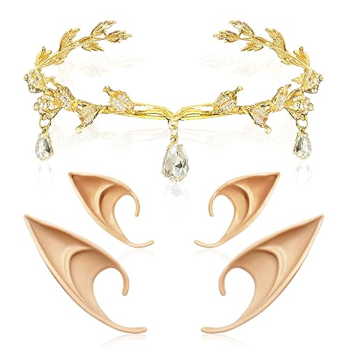 Diadema de tiara de boda con hojas de diamantes de imitación con orejas de elfo de hada, accesorios de disfraz de mascarada, 1 diadema de corona de