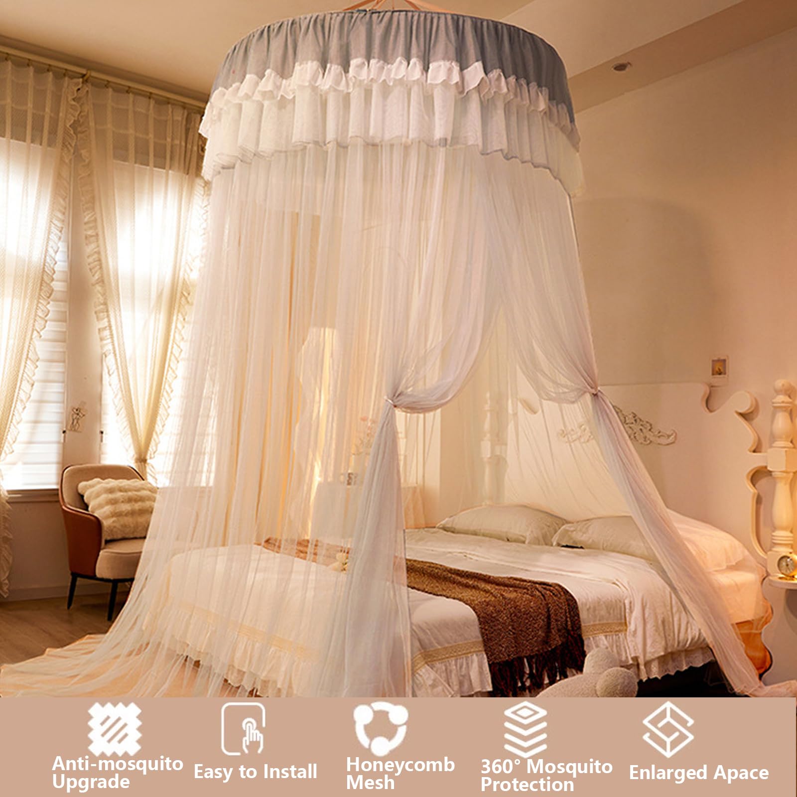 Rundes Spitzen Moskitonetz, Prinzessin Baldachin mit Rüschen, Hängendes Mückennetz Bett für Schlafzimmer Dekoration G 150 x 200cm