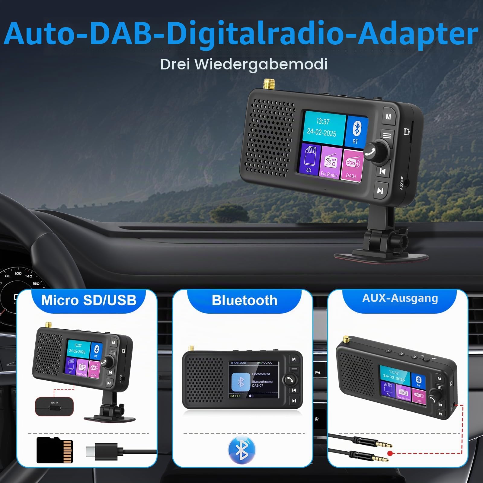 DAB Adapter für Autoradio Digital Radio Bluetooth-Freisprecheinrichtung, 2,4 Zoll LCD Display DAB+ Adapter für Autoradio FM Transmitter, BT-Musik AUX-Schnittstelle