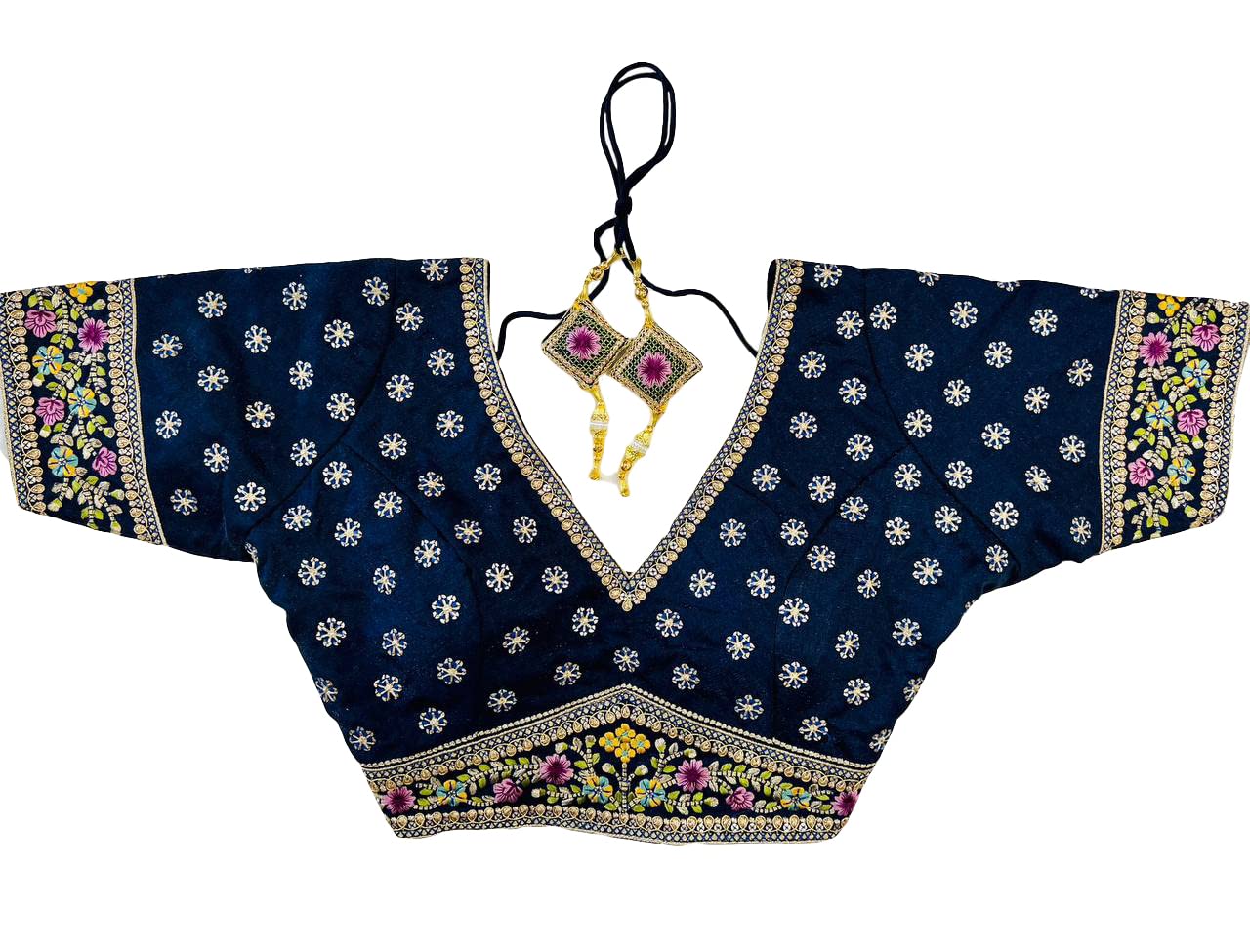 Pujia Mills Women's Milan Silk Golden Zari Embroidery With Sequins Work Navy Blue Saree Blouse(Vanshika Navy Blue_42)
