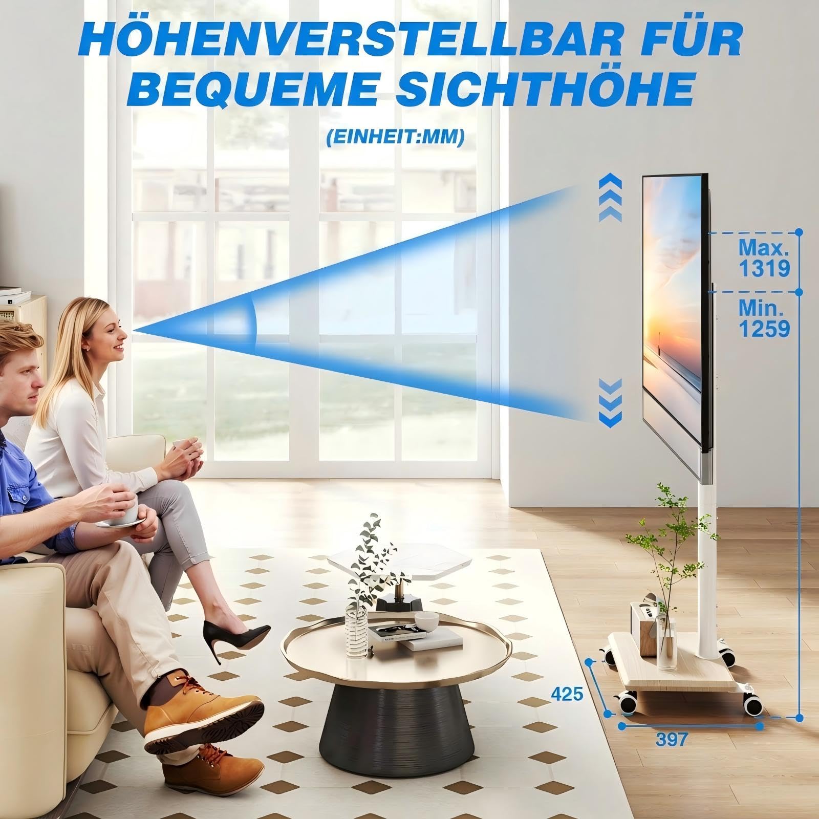 5Rcom Universal TV Ständer Rollbar mit Holzbasis für 27-60 Zoll Fernseher, Fernsehständer mit Rollen, Höhenverstellbarer und Schwenkbar, Mobiler TV Standfuß bis 40kg, Max. VESA 400x400mm (Beige)