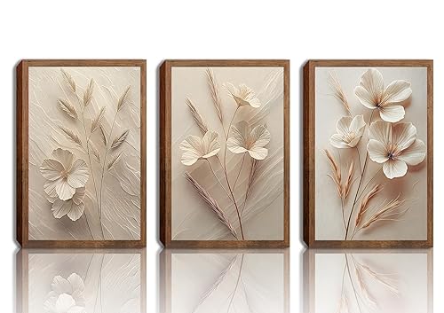 MQjopna Neutral Beige Floral Canvas Wall Art Set of 3,