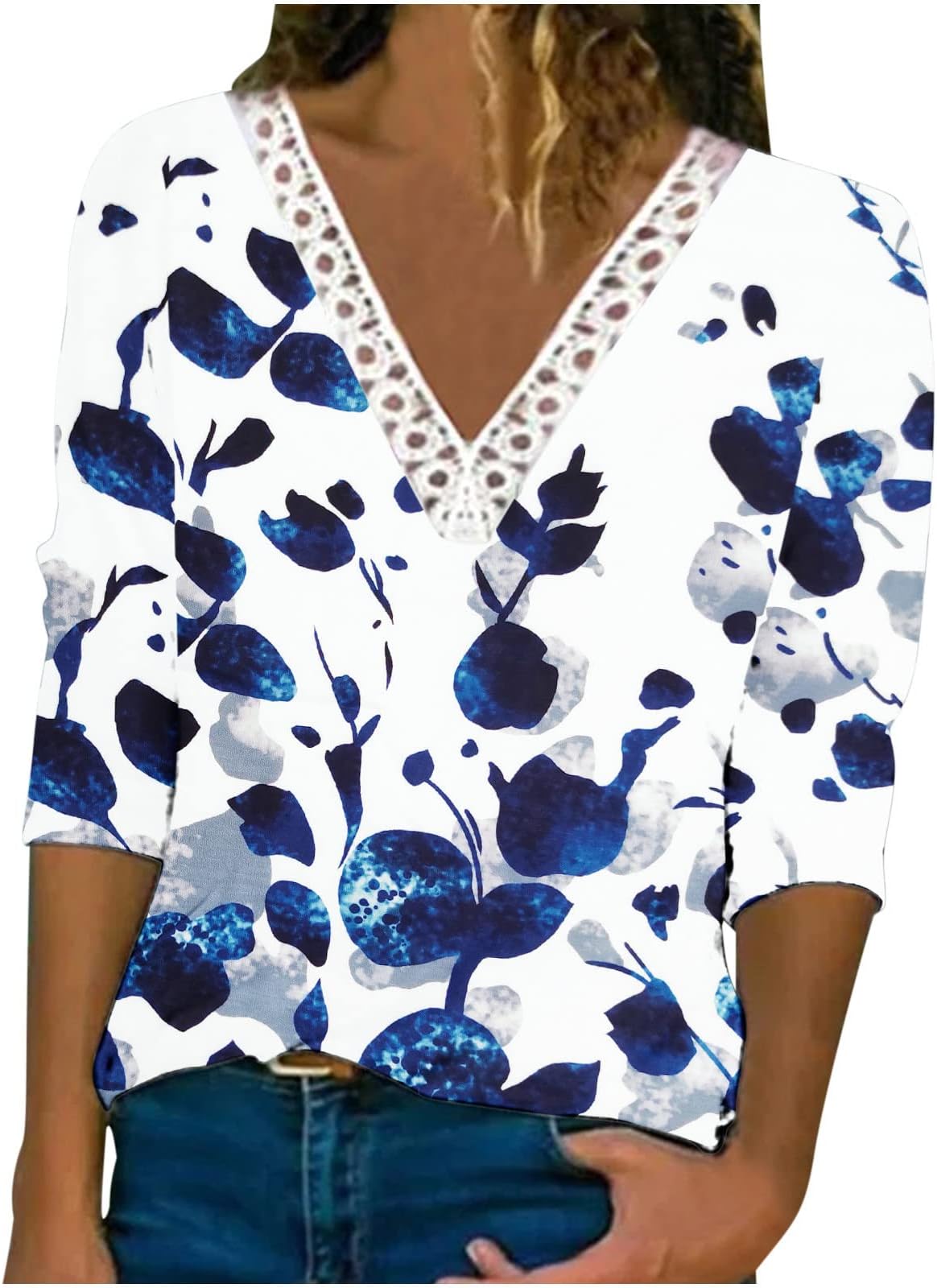 GenericCamiseta Encaje Estampado Flores Blusa Superior Mujer túnica Larga Camiseta Cuello V Sudadera holgada Camisetas,