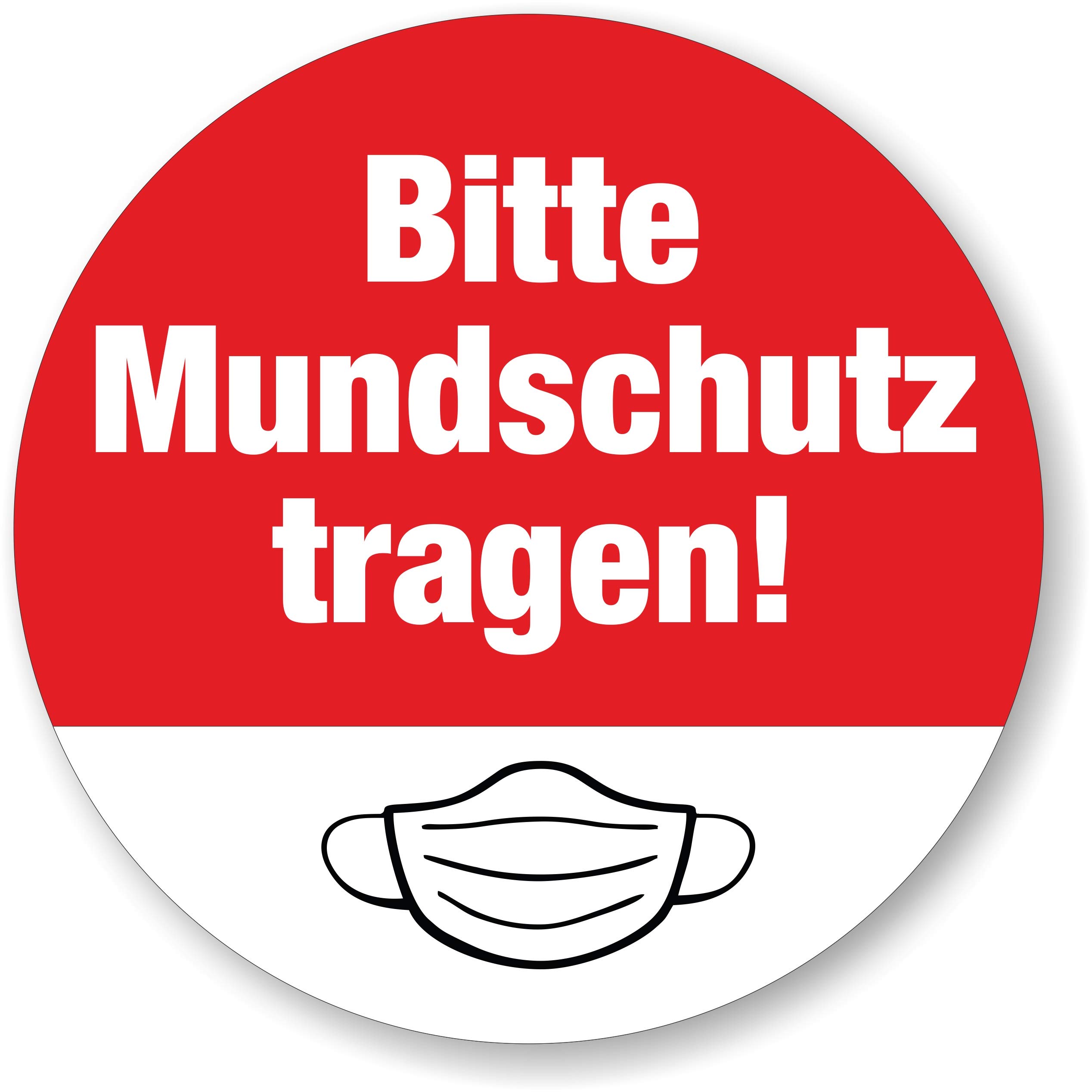 Adhesivo de advertencia con texto en alemán "Bitte Mundschutz tragen!" Pegatinas redondas autoadhesivas de 350 mm de grosor disponibles inmediatamente.