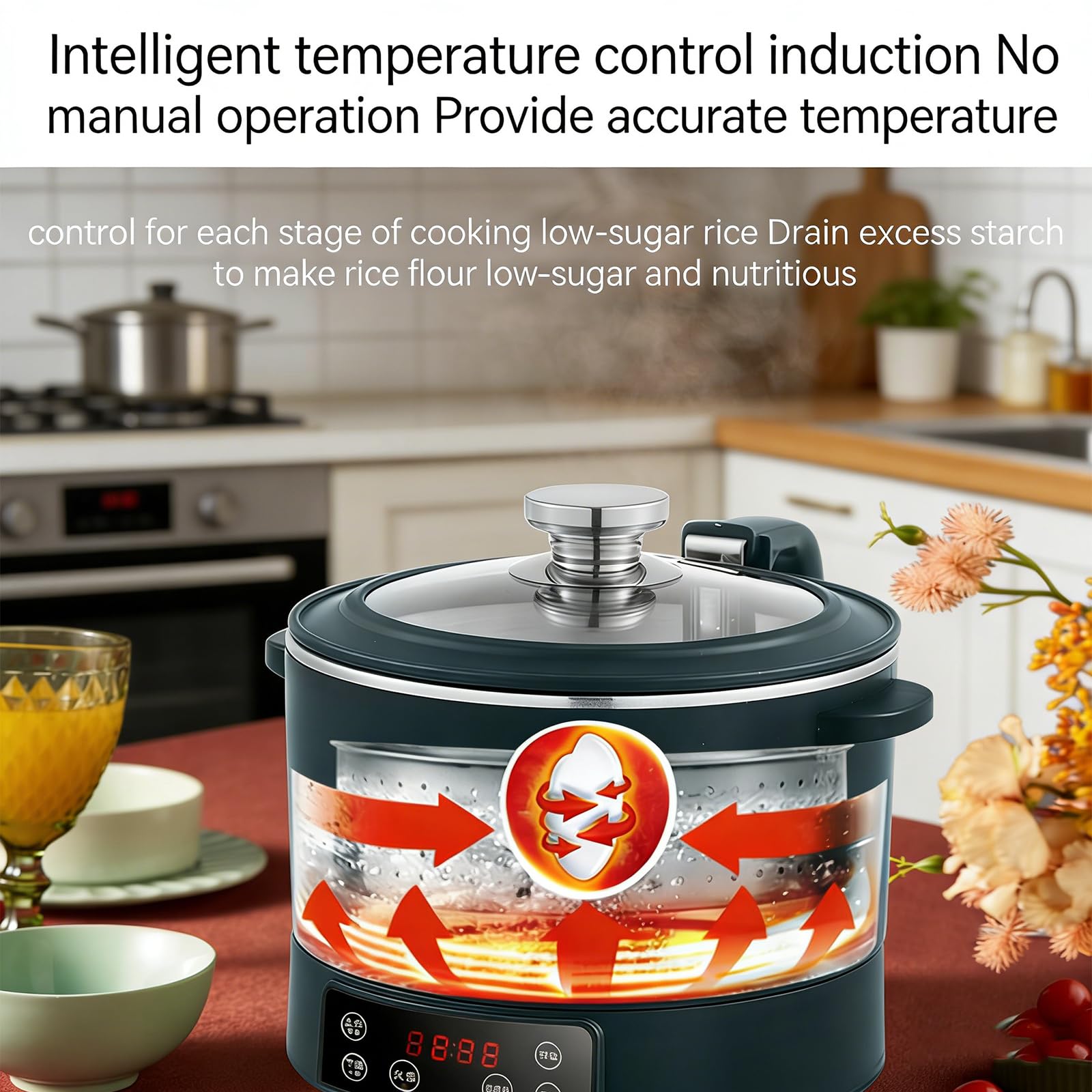 Cucina del Riso a Basso carboidrato (elevazione Auto), 3L 1500W Riscaldamento induzione, separazione Riso-Acqua (54% Meno amido), Timer 12H, Multifunzionale, Acciaio Inox 304
