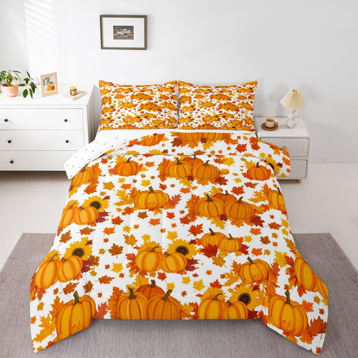 Erosebridal Fall Pumpkin Comforter Set Queen Autumn Maple Leaves Bedding Set Thanksgiving Harvest Season Decor Comforter For Home,Rustic Farmhouse Sunflower Quilt Duvet Set 2 Pillow Cases Orange White