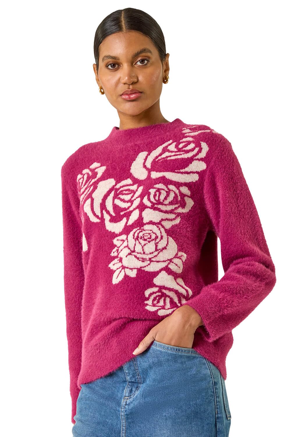 Roman Originals Women's Pink Contrast Rose Knit Jumper For Uk - Everyday Autumn Winter Crew Neckline Comfy Soft Evening Vacation Work Party Night Out - Size 10