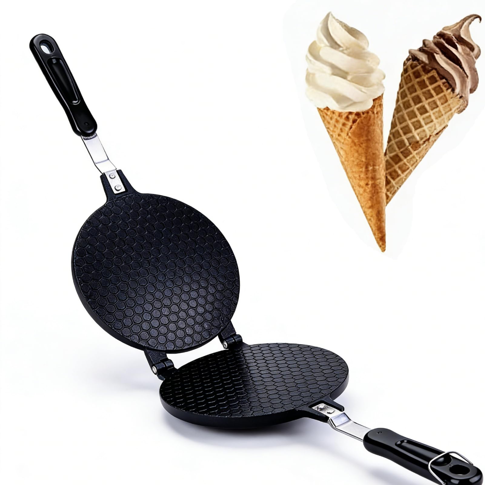 Frdhee Waffle Cone Maker, Non Stick Waffle Cone Maker Pan Egg Roll Ice Cream Cone Making Machiner with Long Handle Aluminum Alloy Biscuit Ice Cream Egg Rolls Dessert Baking Pan Kitchen Bakeware