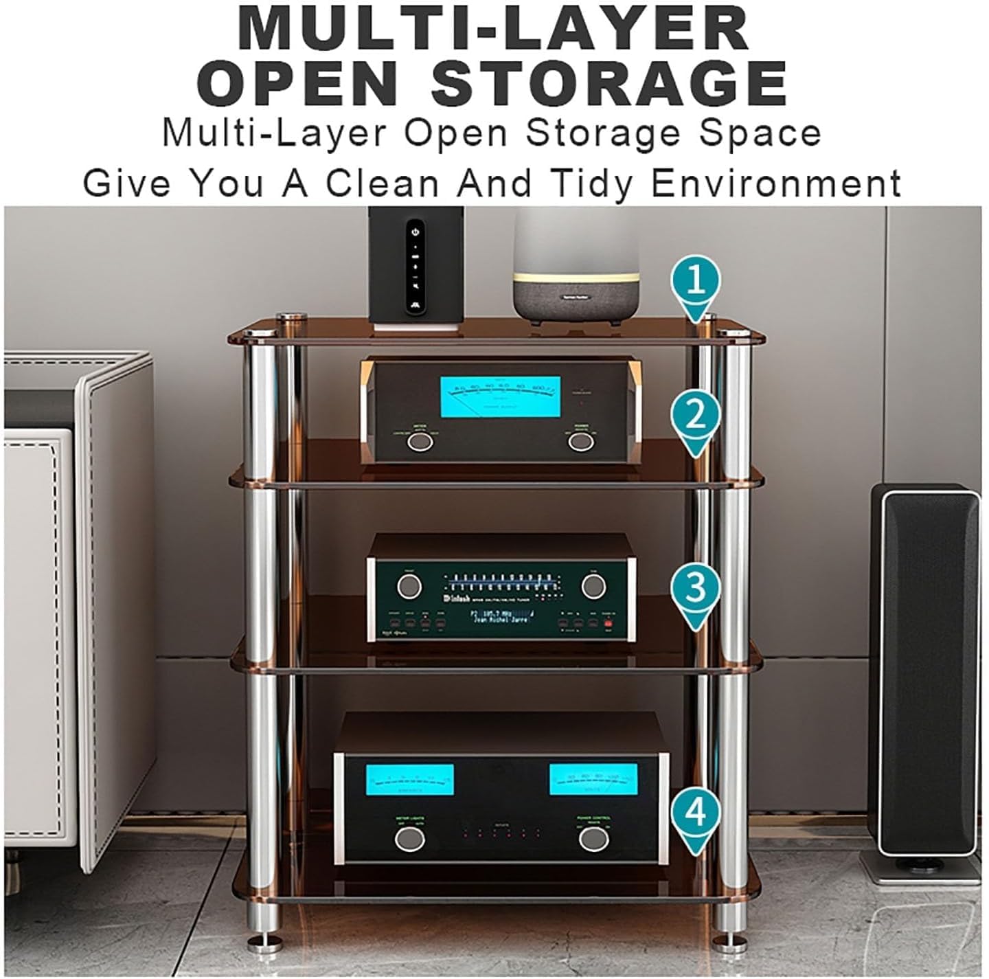 Supporto multimediale per CD – Armadio AV salvaspazio per soggiorno, camera da letto, giochi, sala di registrazione, facile da montare, mensola angolare e unità di visualizzazione torre audio