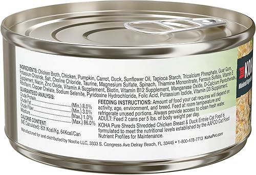 Miniatura 2 de KOHA Pure Shreds - Entrada de pollo y pato para gatos, comida húmeda para gatos con alto contenido de proteínas, latas de 2.8 onzas (paquete de 24)