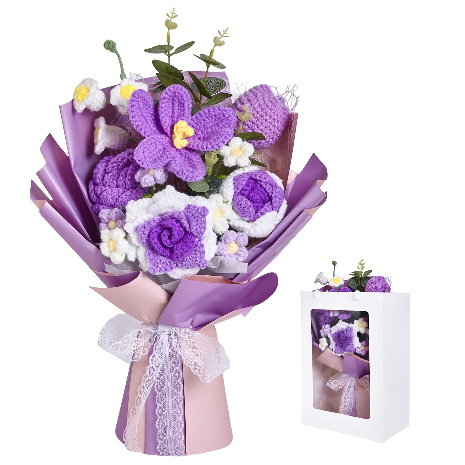 AIGOCITY Crochet Flowers Bouquet,Hand Knitted Rose Crochet Flower Bouquet for Home Decor Anniversary Weddings Birthdays Mother's Day with Gift Bag and Greeting Card, Purple