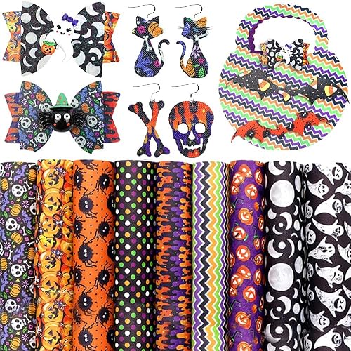 Miniatura 6 de 7 hojas de cuero sintético de Halloween, hojas de cuero sintético con purpurina morada y negra, aretes y lazos, tela de piel sintética de caramelo