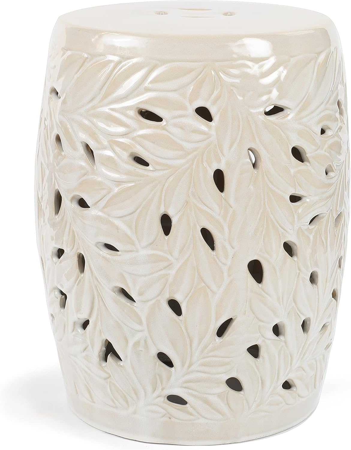 Unknown1 Leaf Indoor and Outdoor Decorative Garden Stool 13 X 18 Cream Off/White Lake House Modern Contemporary Rectangular Ceramic Glossy Polished Handmade Water Resistant, Ivory