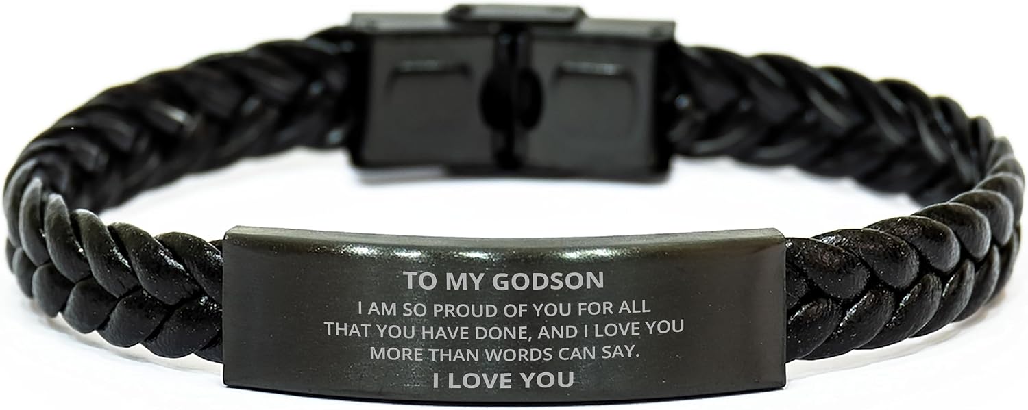 To My Godson Braided Leather Bracelet Gifts From Mom Dad - I Am So Proud of You for All That You Have Done - Birthday Graduation Christmas Gifts For Son Men, Inspirational Engraved