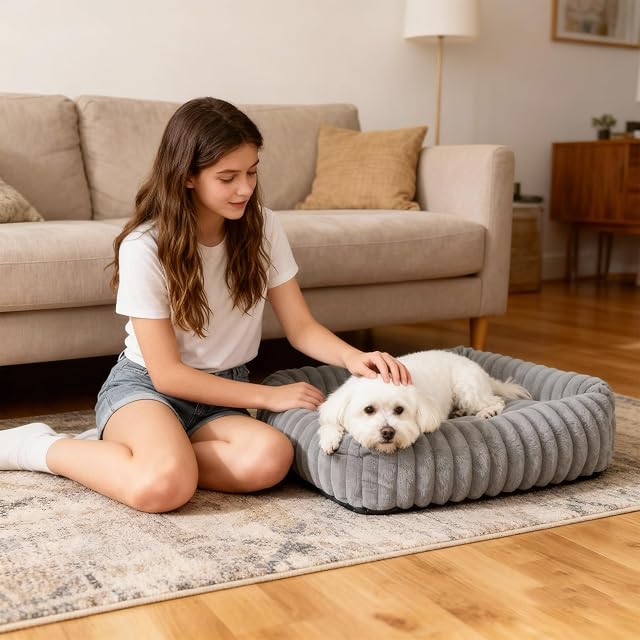 Foto 7 de 7 de Leikurvo Cama para perros de tamaño mediano, ortopédica, 63 x 53 x 18 cm, cesta lavable con borde alto