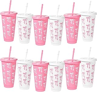 12 Pcs 24 oz Plastic Cups with Lids and Straws Bulk Gift Reusable Coffee Cups Coffee Tumbler Decoration Birthday Wedding Baby Shower Party Supply (Pink Bow)