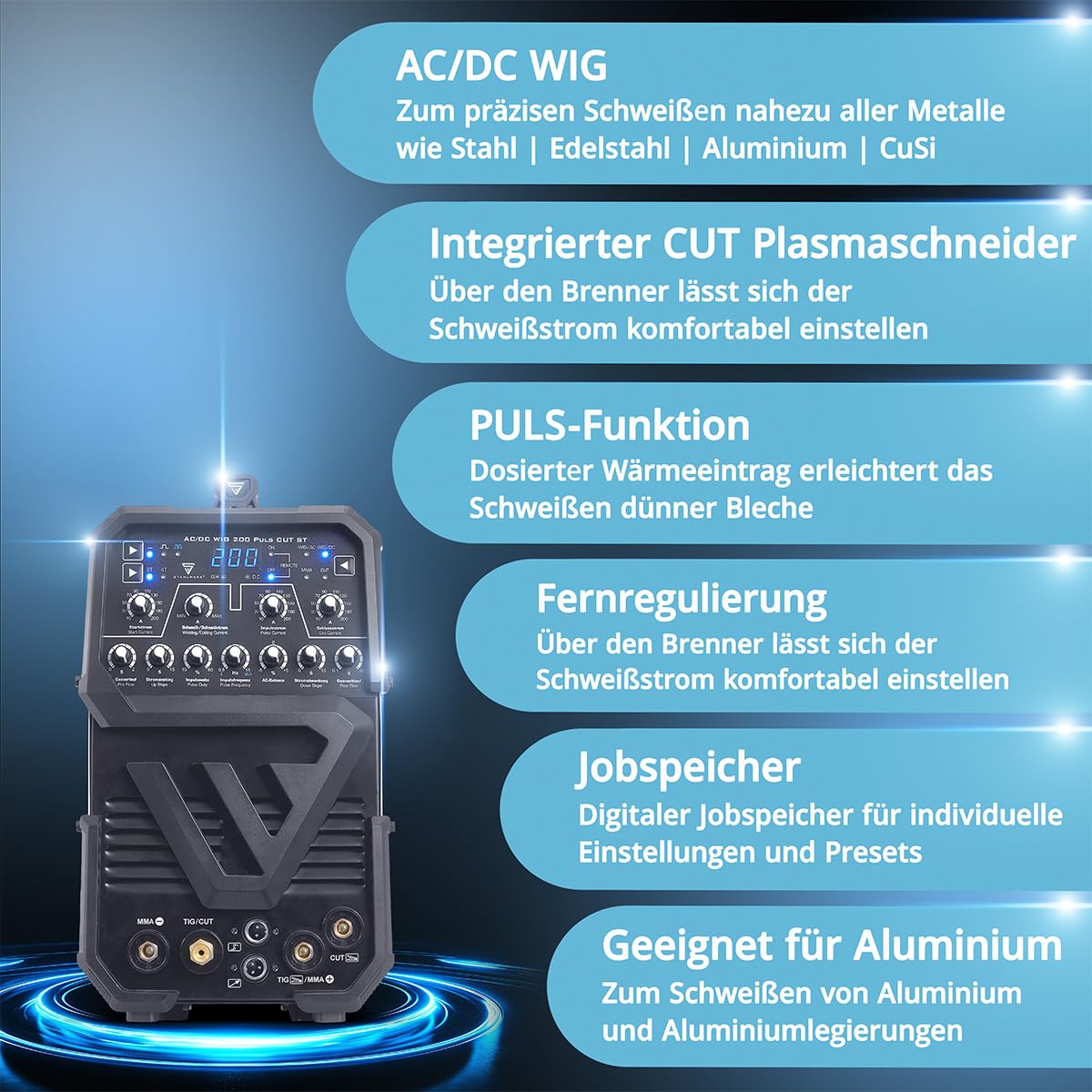 STAHLWERK Schutzgasschweißgerät 3-in-1 Kombi AC/DC WIG 200 Puls CUT ST – WIG & MMA bis 200 A, Plasmaschneiden bis 45 A und bis 12 mm Schnittstärke, HF-Zündung, Stahl, Edelstahl, Aluminium und Kupfer